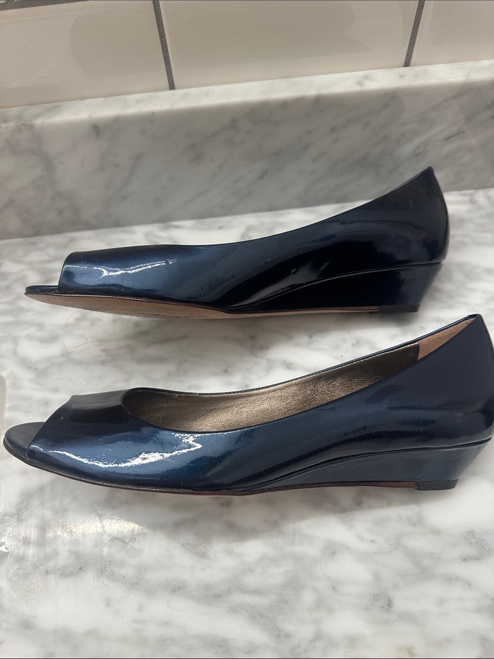 Cole Haan Nike Navy Patent Leather Peep-Toe Wedge Pumps - Picture 3 of 12